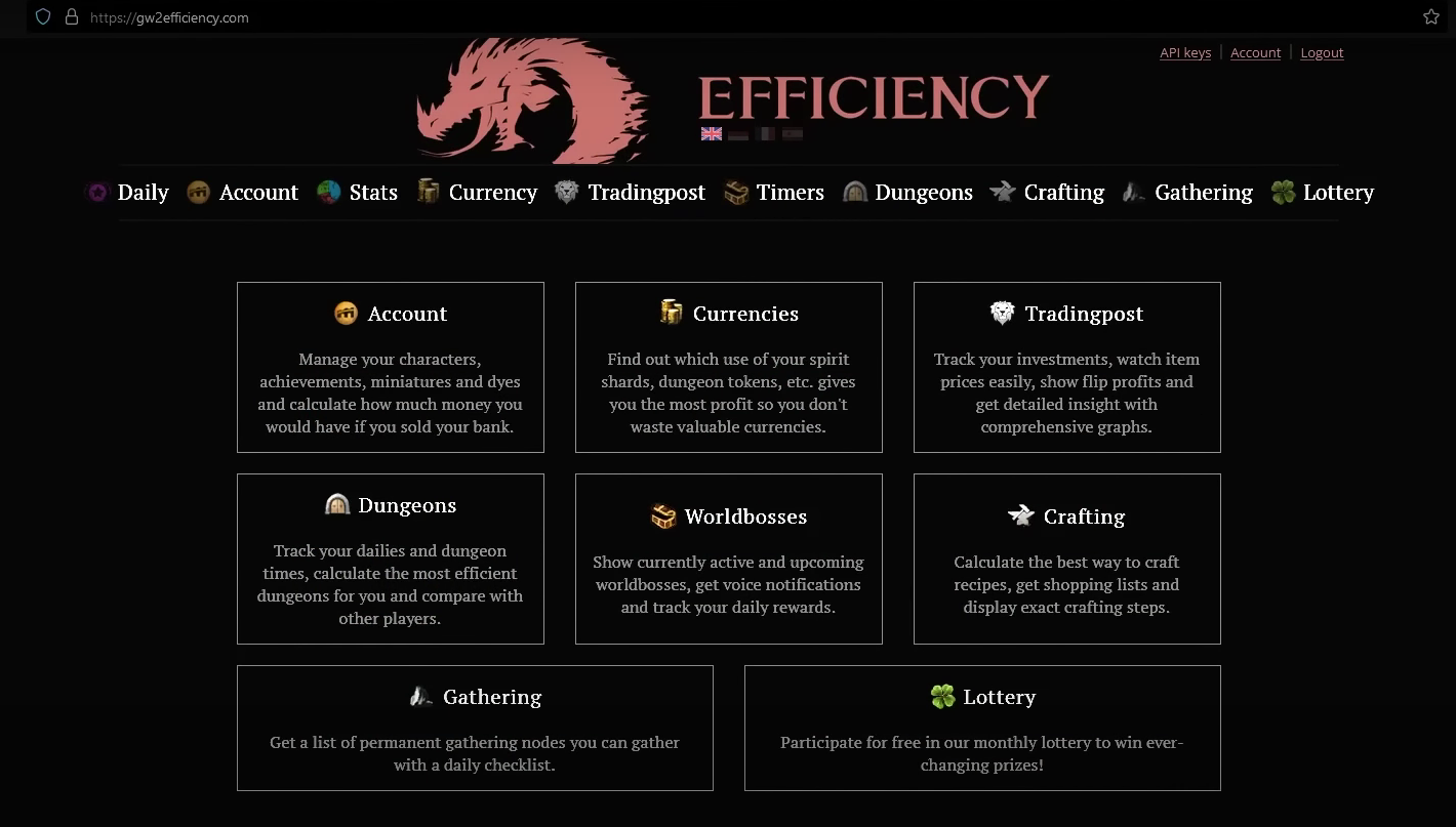 This image shows the gw2 efficiency website