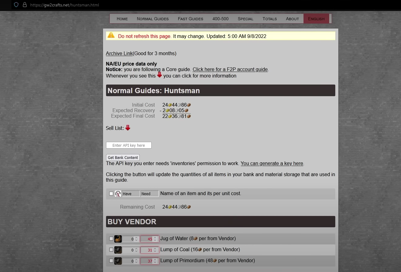 This image shows the gw2 craft site