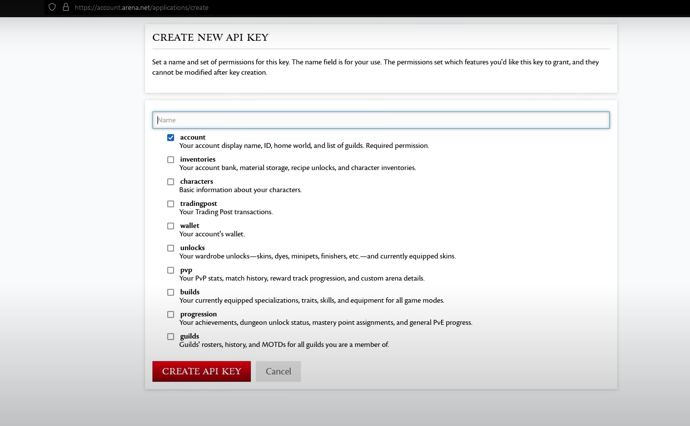 This image shows the API Key Arenanet