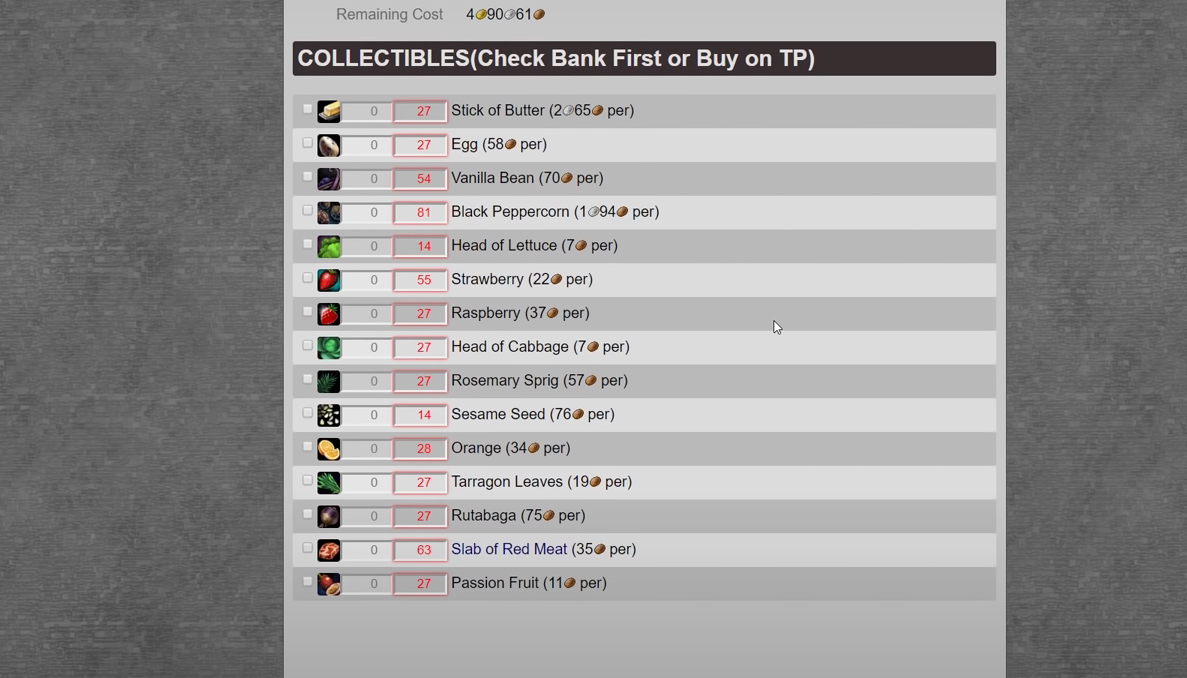 This image shows the checklist of items in GW2 Crafting.net
